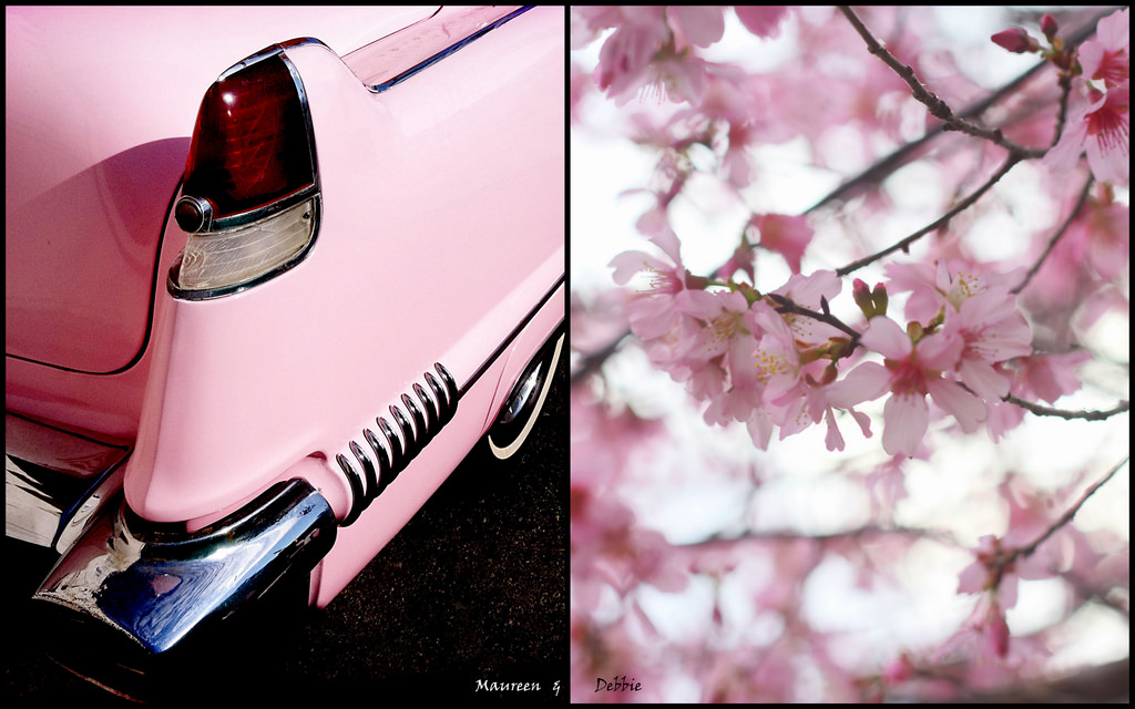 bil, rød, fotografering, årgang, bokeh, lyserød, forår, krom, farve, blomst, fotografi, cherryblossoms, Hvide vægge, caddie, mortalmuses