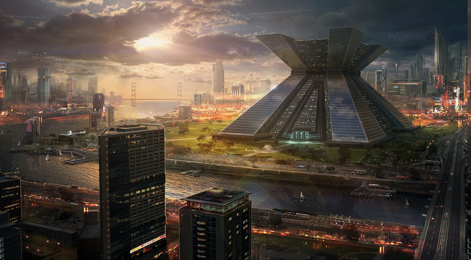 digitální umění, město, panoráma města, noc, odraz, futuristický, panoráma, mrakodrap, večer, soumrak, metropole, centrum, tma, mezník, Snímek obrazovky, urban area, Atmosféra Země, Metropolitní oblast, lidské osídlení, letecké snímkování, 1950x1080 px