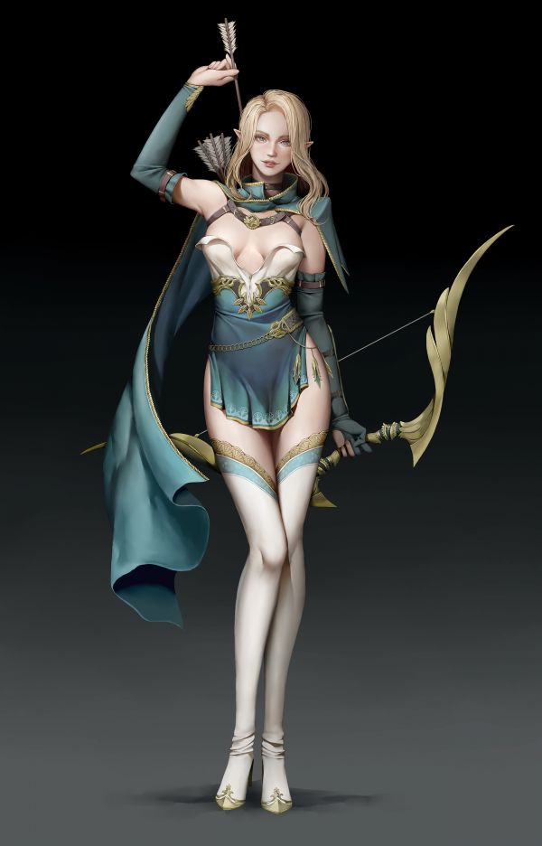 drawing,women,blonde,Ming Ming John,archer,bow