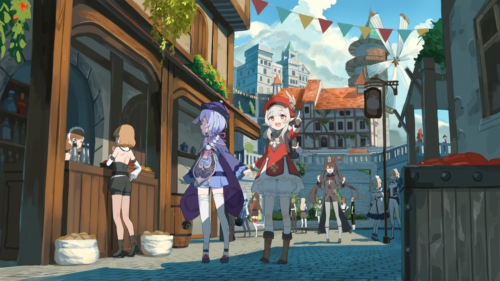 world, blue, azure, building, cloud, neighbourhood, fun, cartoon, leisure, ART, people, facade, sky, city, painting, recreation, Animated cartoon, illustration, street, pedestrian, house, tree, games, Tourism, animation, fiction, pc game, vacation, mixed use, drawing, visual arts, mural, fictional character, road