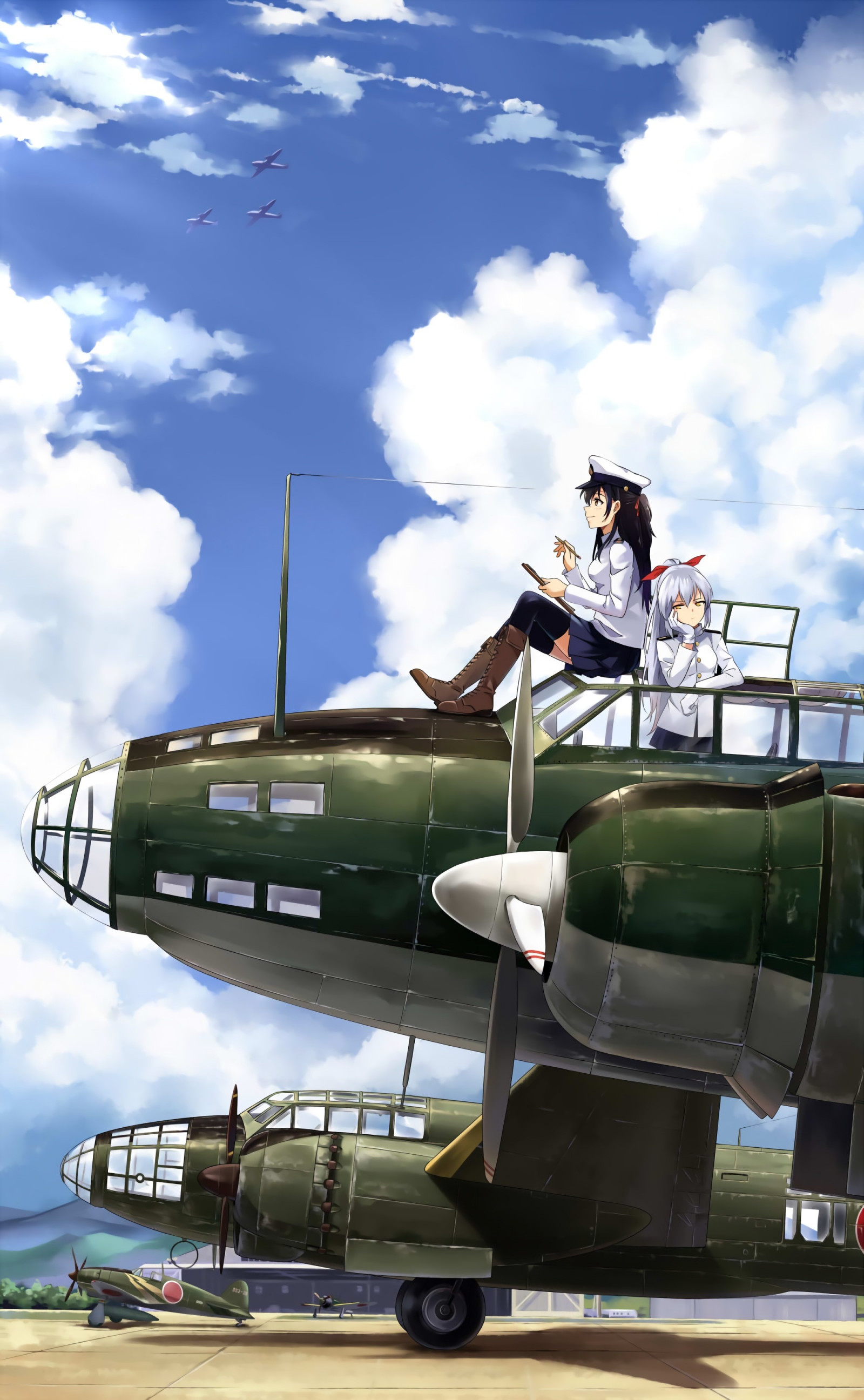 lange Haare, weißes Haar, Anime, Anime Mädchen, Himmel, Fahrzeug, Wolken, Flugzeug, Flugzeug, Strümpfe, Kantai-Sammlung, schwarzes Haar, Rock, Militärflugzeug, Uniform, Admiral KanColle, Doppeldecker, Luftwaffe, Flug, Luftfahrt, Atmosphäre der Erde, Kampfflugzeug, Flugzeugtriebwerk