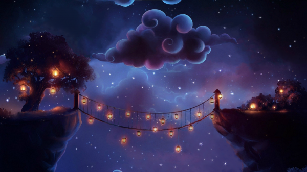 magic,night,clouds,night lanterns,bridge,stars