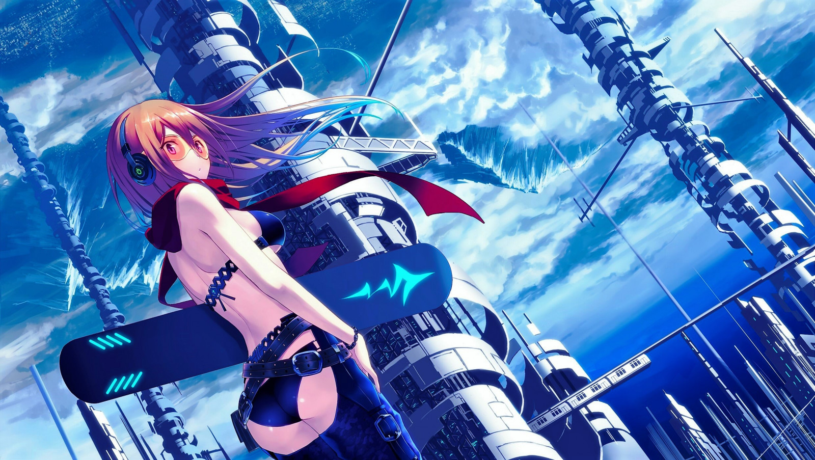 anime, osel, nebe, sluchátka, kytarista, Snímek obrazovky, počítač tapeta, extrémní sport, zimní sport, freestyle lyžování