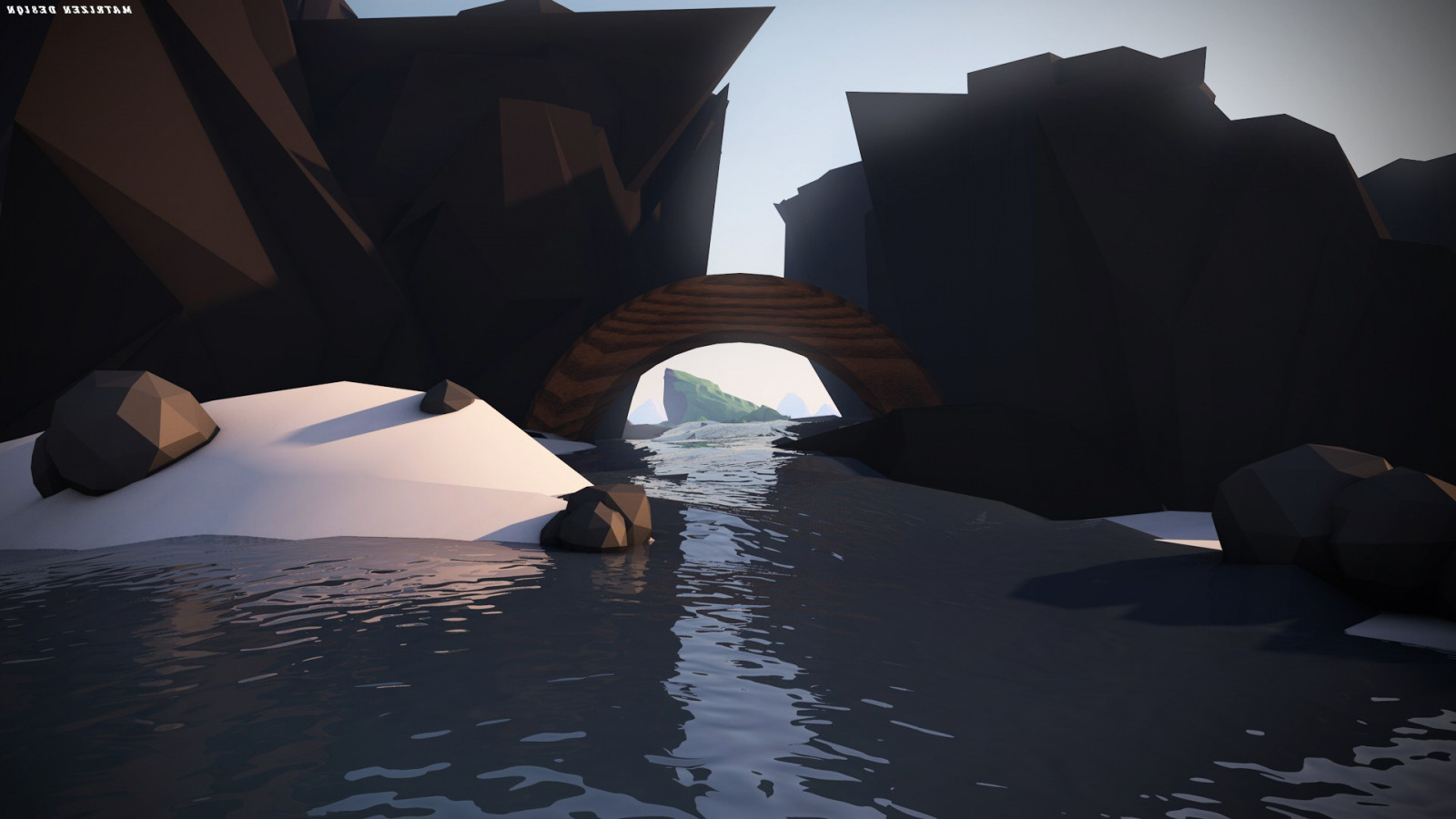 1920x1080 px, krajina, nízká poly, Matrizendesign, hora, řeka, Skála, sníh, voda