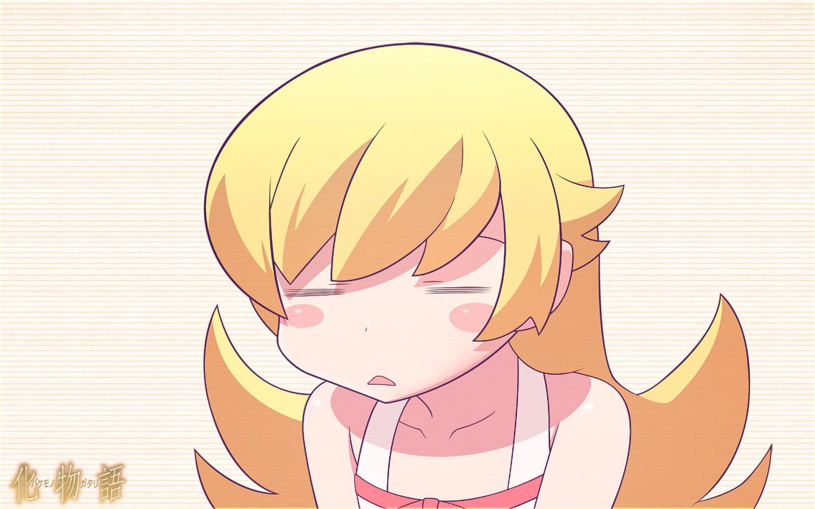 illustration, blond, langt hår, Lukkede øjne, Monogatari-serien, anime, Anime piger, Oshino Shinobu, tegneserie, mund, næse, vektor kunst, mangaka