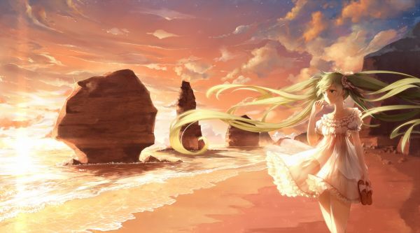 anime, anime girls, sunlight, long hair, white dress, clouds