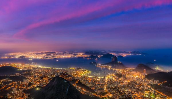 sunlight, lights, sunset, sea, city, mountains