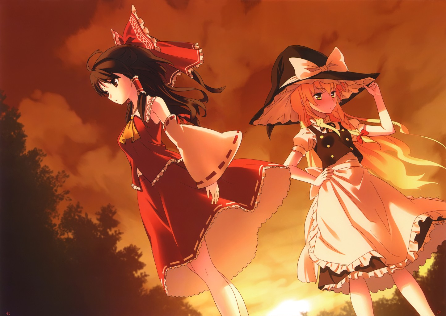 illustrazione, anime, anime girls, Touhou, Hakurei Reimu, crepuscolo, Kirisame Marisa, immagine dello schermo