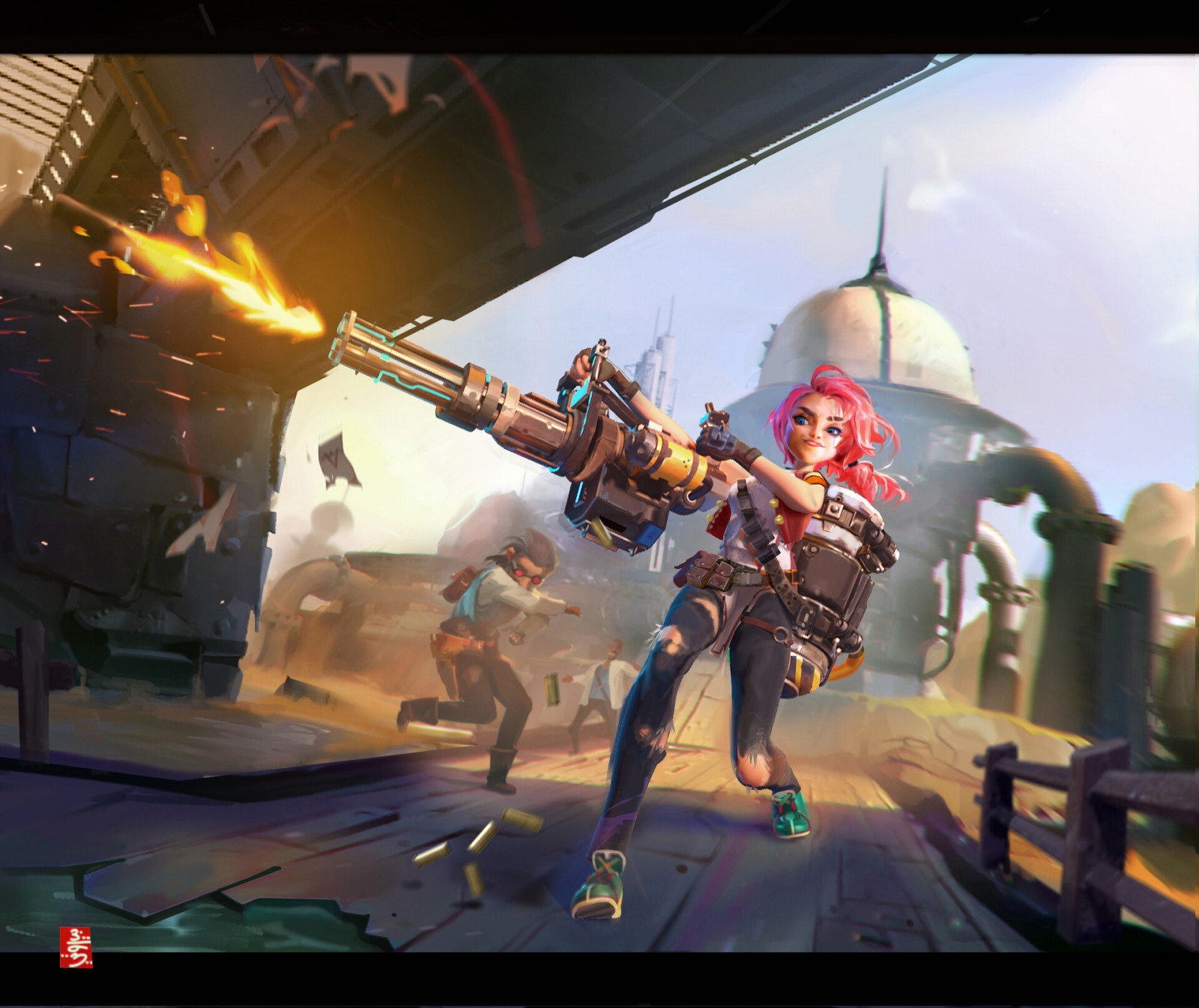 Mädchen mit Pistolen, Kunstwerk, Frau, ArtStation, pinkes Haar, blaue Augen