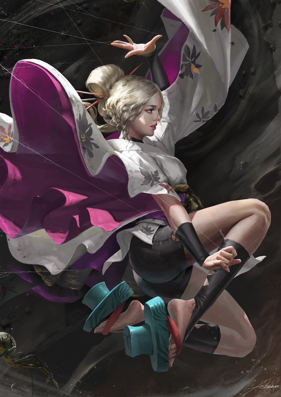 Kvinder, edderkop, spider webs, strygere, blomster, japansk