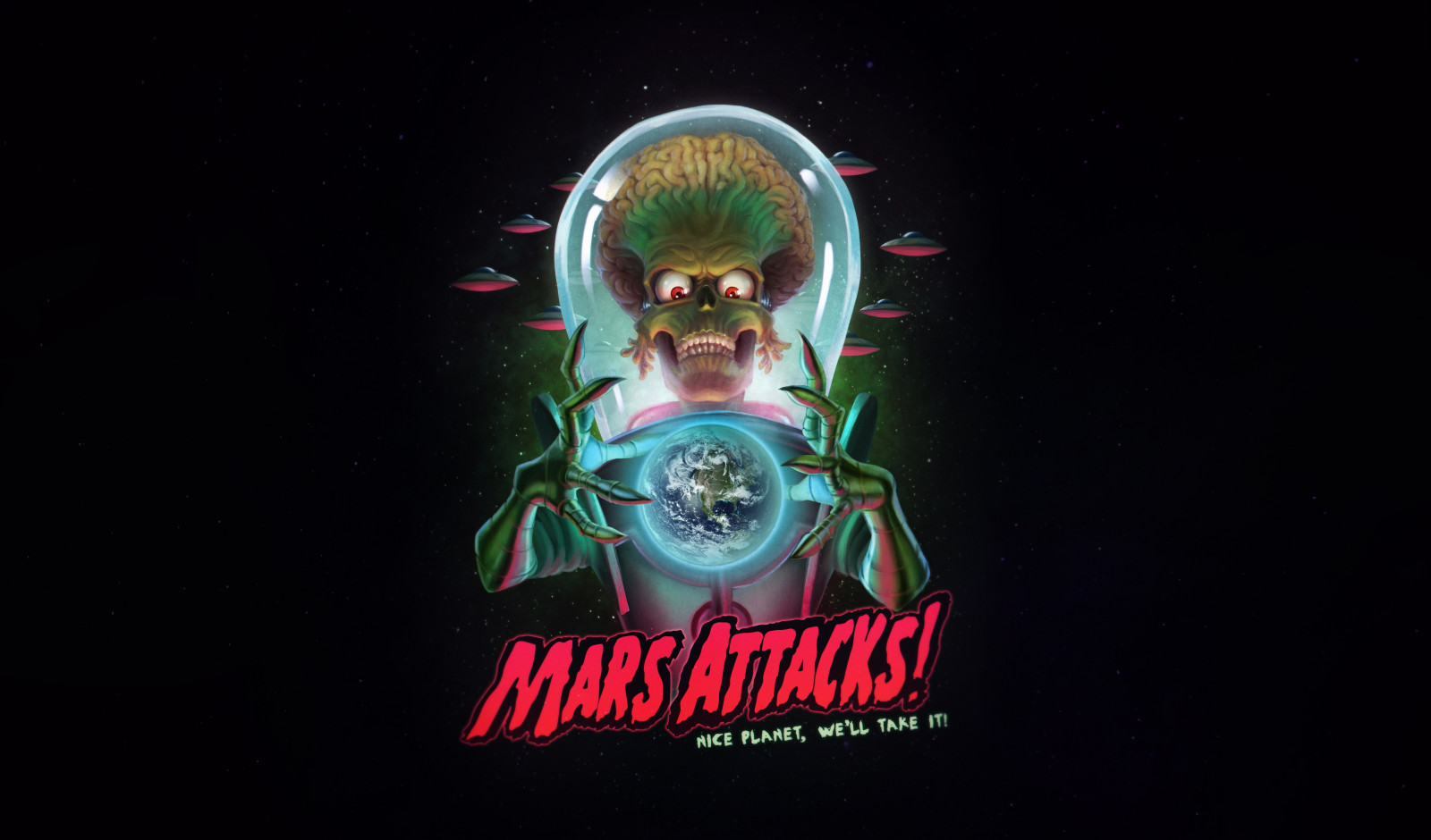 Wallpaper movies, Mars Attacks, humor, science fiction, skull, UFO