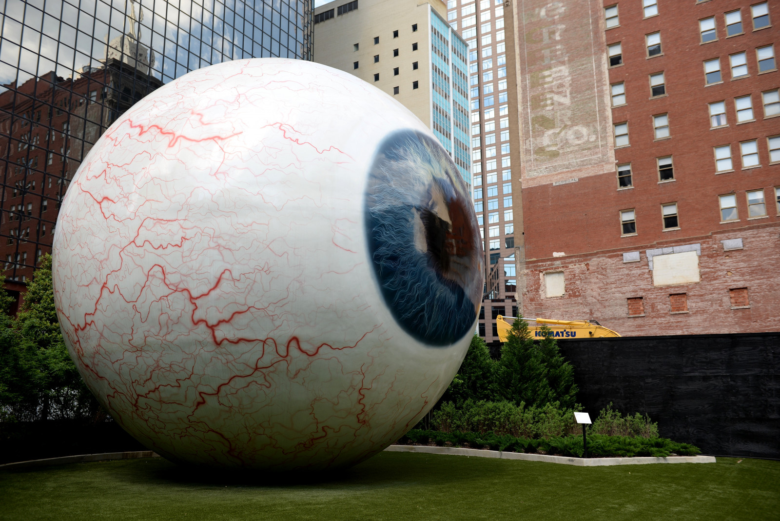 parco, parete, piedi, scultura, palla, Chicago, gigante, Dallas, 30, bulbo oculare, ARTE, colore, occhio, alto, artista, forma, tx, 30foot