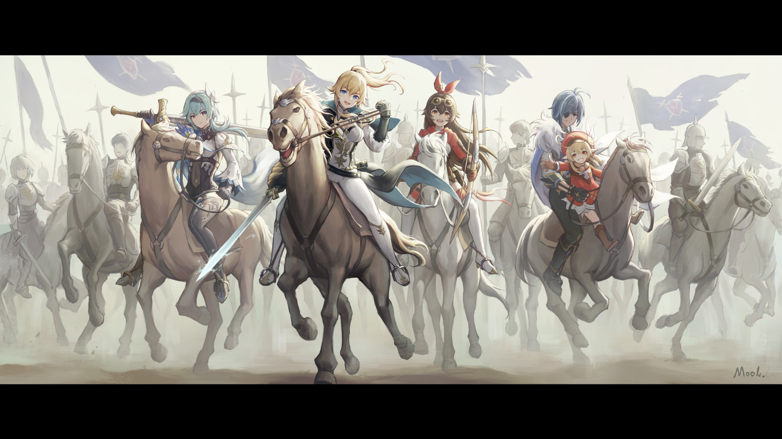 Genshin Impact, umělecká díla, Jean Genshin Impact, Eula Genshin impact, Amber Genshin Impact, Kaeya Genshin Impact, Klee Genshin Impact, jízda na koni, kůň, anime, anime dívky, anime kluci, rytíř, Video herní postavy, meč, zbraň