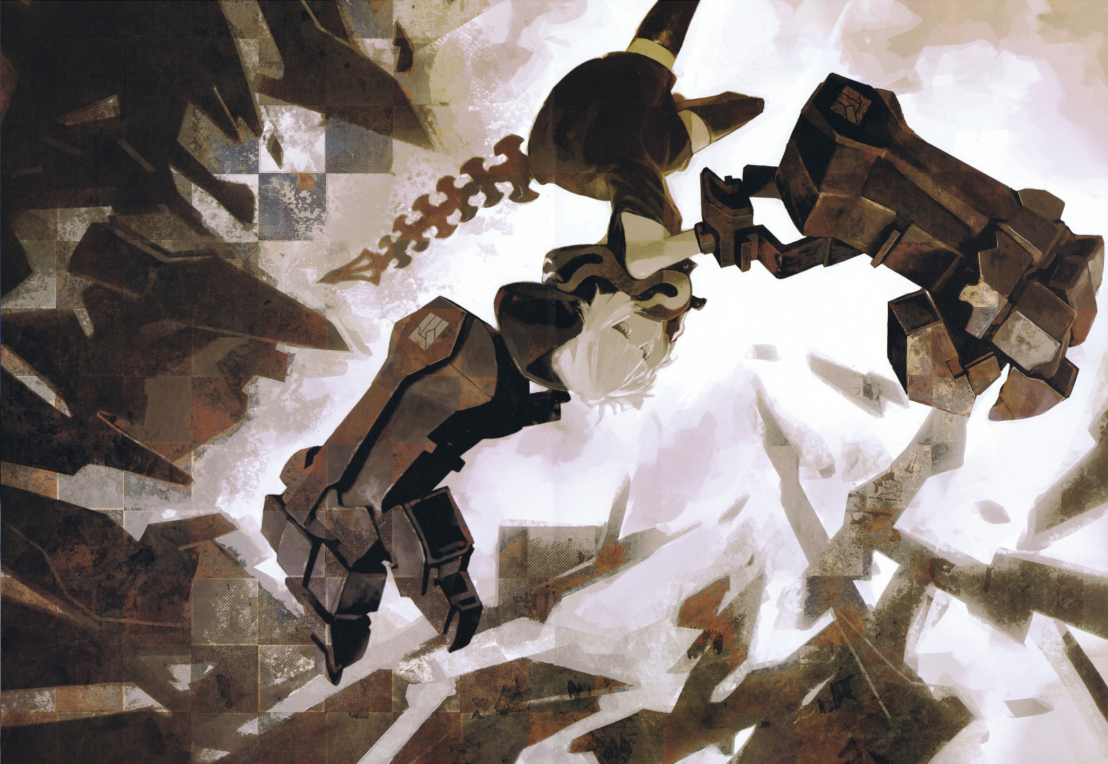 anime dívky, Huke umělec, Black Rock Shooter series, zřícenina, stříbrné vlasy, žluté oči, meč, brnění, Síla Black Rock střelec, šaty, krátké vlasy, bílé vlasy, punčochy