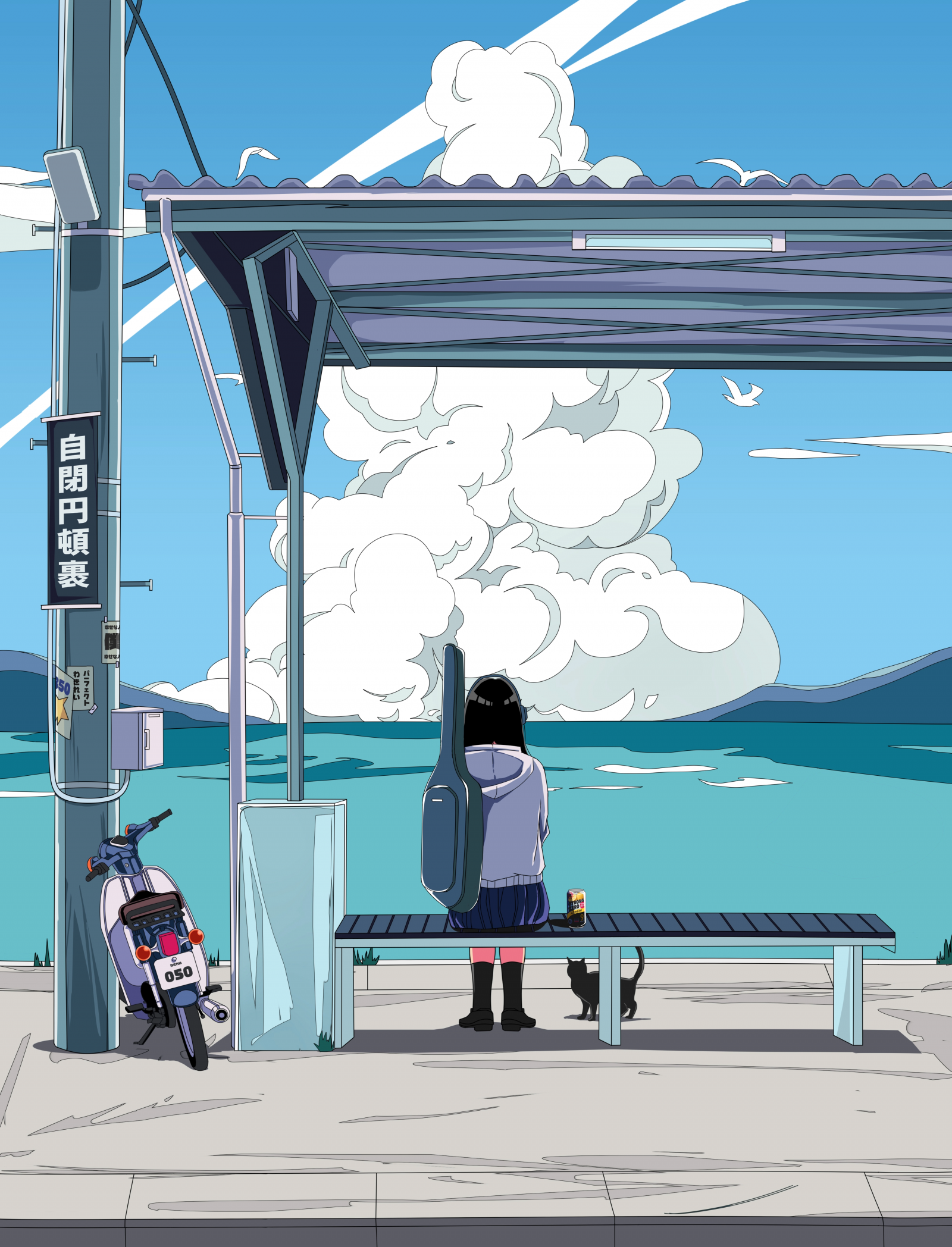 digital art, artwork, illustration, sitting, women, cats, clouds, bus stop, motorcycle, black cats, white hoodie