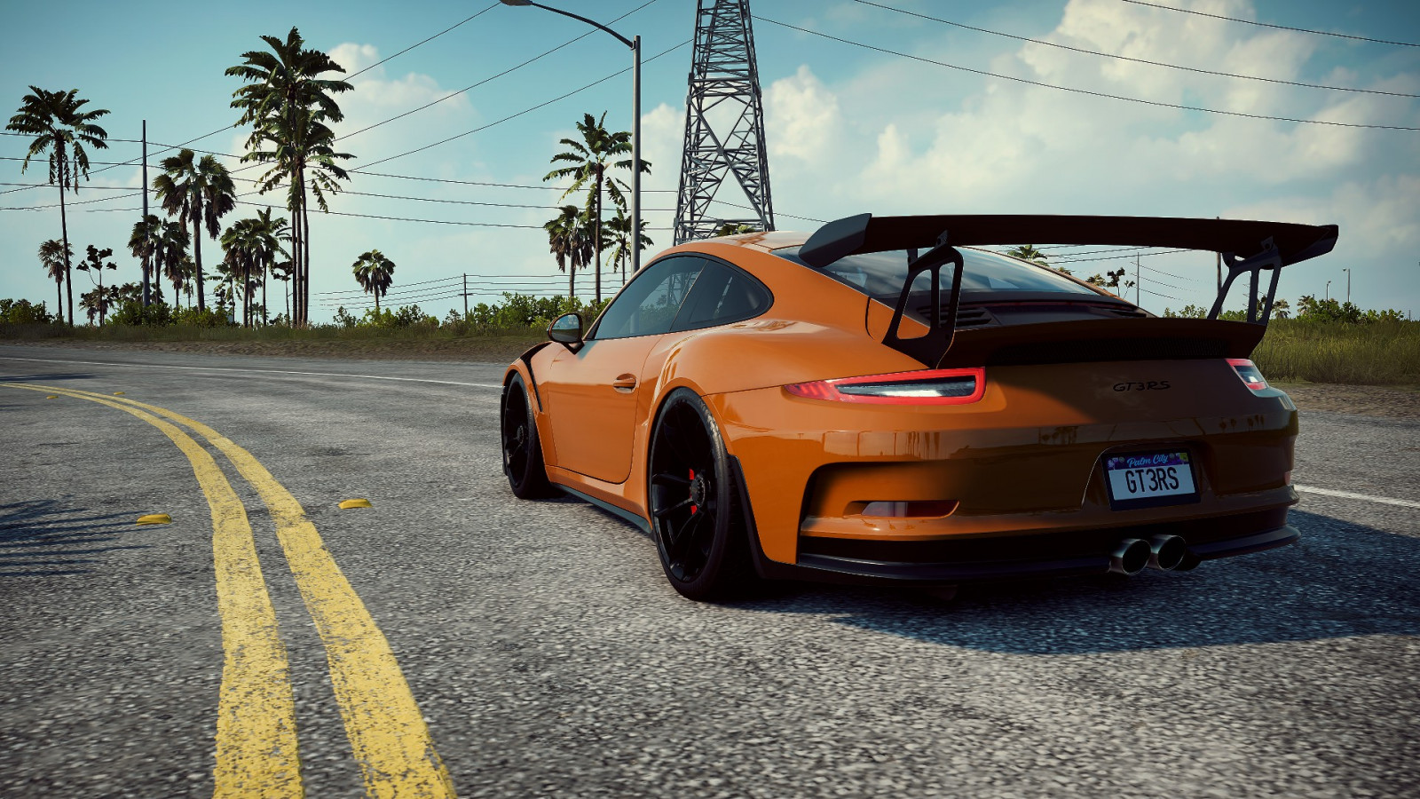 Porsche, Porsche 911 GT3 R, Porsche 911, auto, Street View, 4k, Need for Speed Heat, vozidlo, silnice, oranžový, model, zpětný pohled, stromy, tráva, videohry