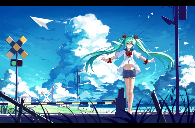 illustration, anime, anime girls, clouds, Vocaloid, Hatsune Miku illustration, anime, anime girls, clouds, Vocaloid, Hatsune Miku