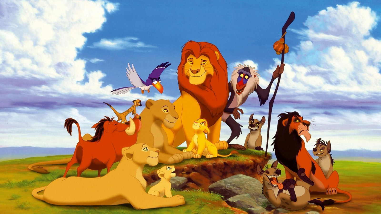 illustration, films, Simba, Disney, mythologie, Timon, Pumba, Rafiki, Mufasa, Zazu, Nala, capture d'écran, 1920x1080 px, environnement naturel