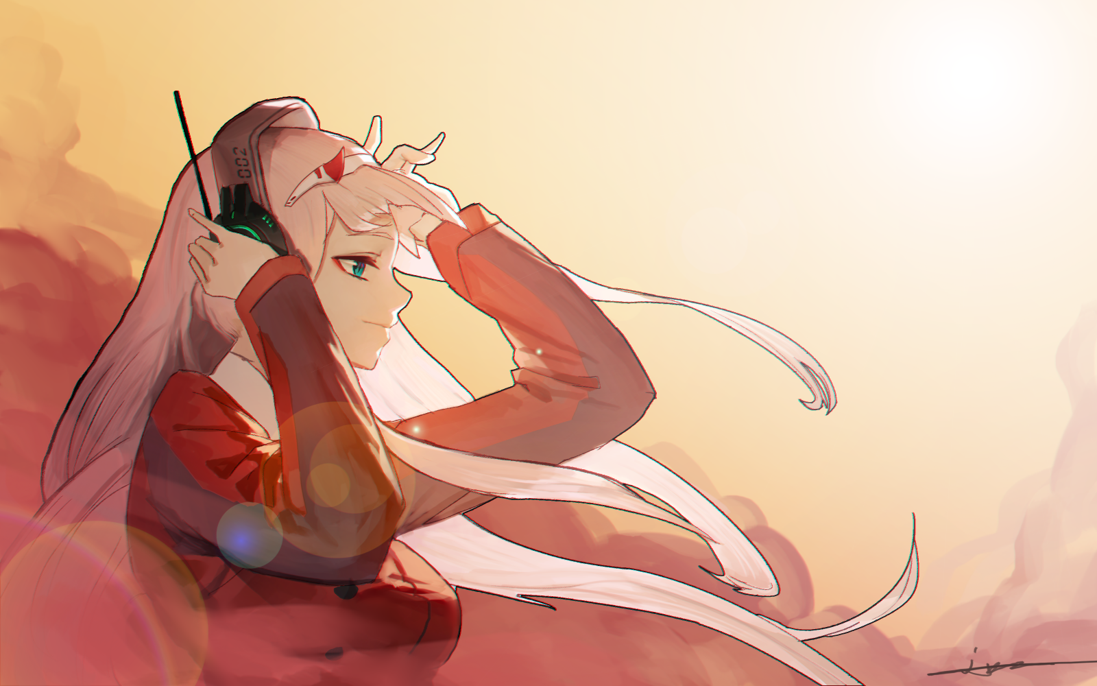JuneXP, Zero Two Darling in the FranXX, Code 002, Darling in the FranXX, аниме, аниме момичета, произведения на изкуството, дигитално изкуство, 2D, илюстрация, чертеж, фен арт, профил, портрет, Търси в далечината, слушалки, пристъп на обектива, розова коса, дълга коса, усмихнати