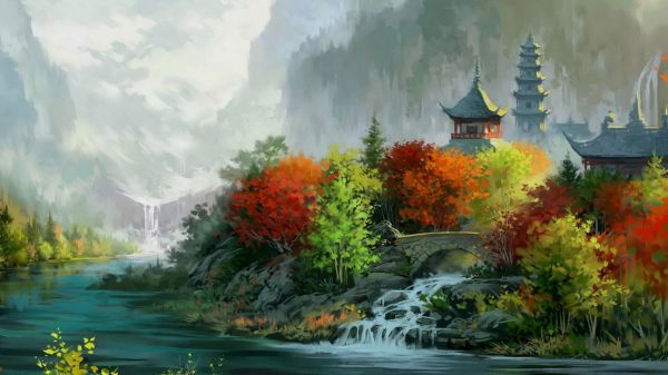 trees, landscape, painting, forest, fall, leaves