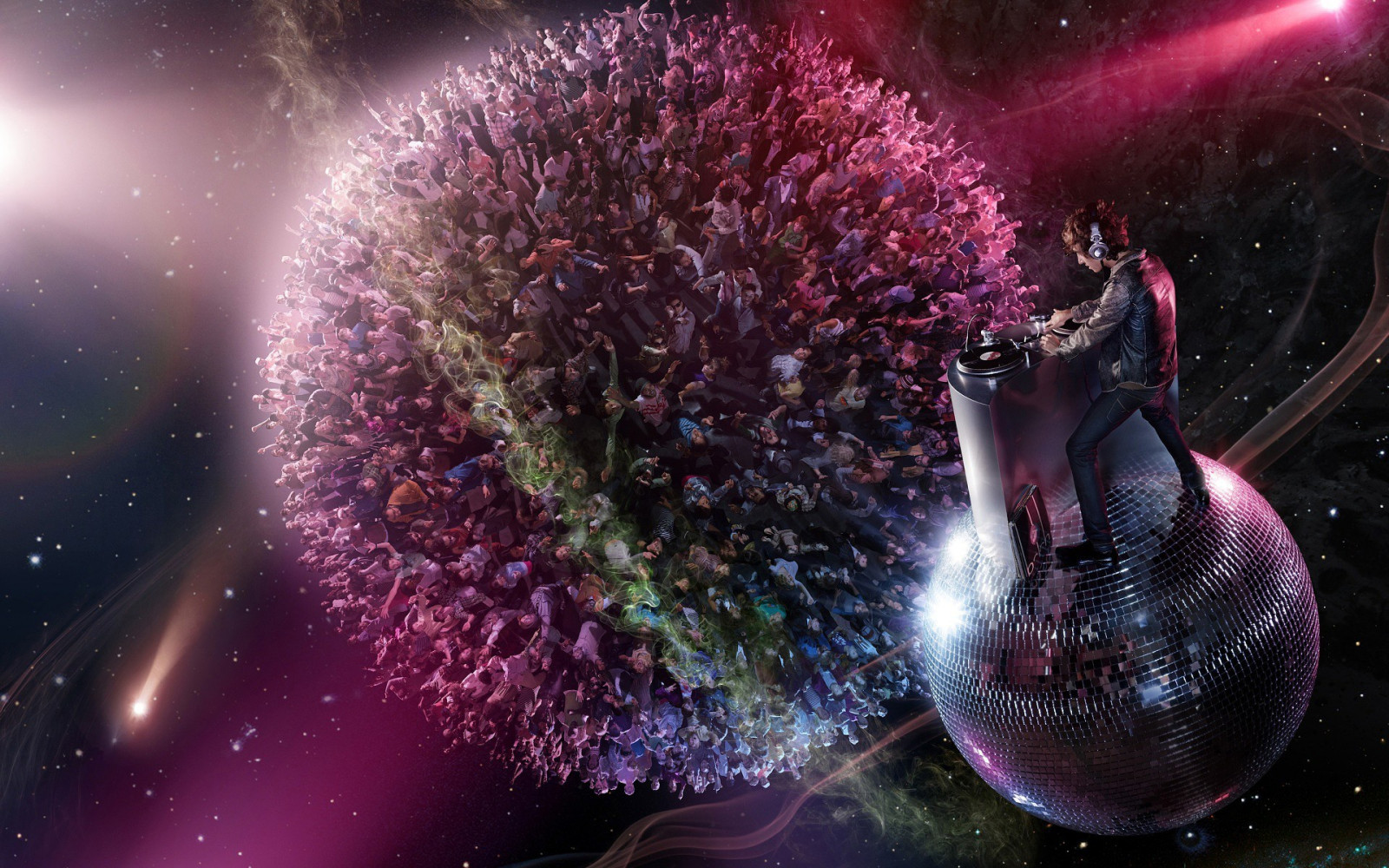 digitální umění, hudba, davy, vesmír, disco koule, květ, Snímek obrazovky, počítač tapeta, fraktální umění, zvláštní efekty, vesmír, makro fotografie