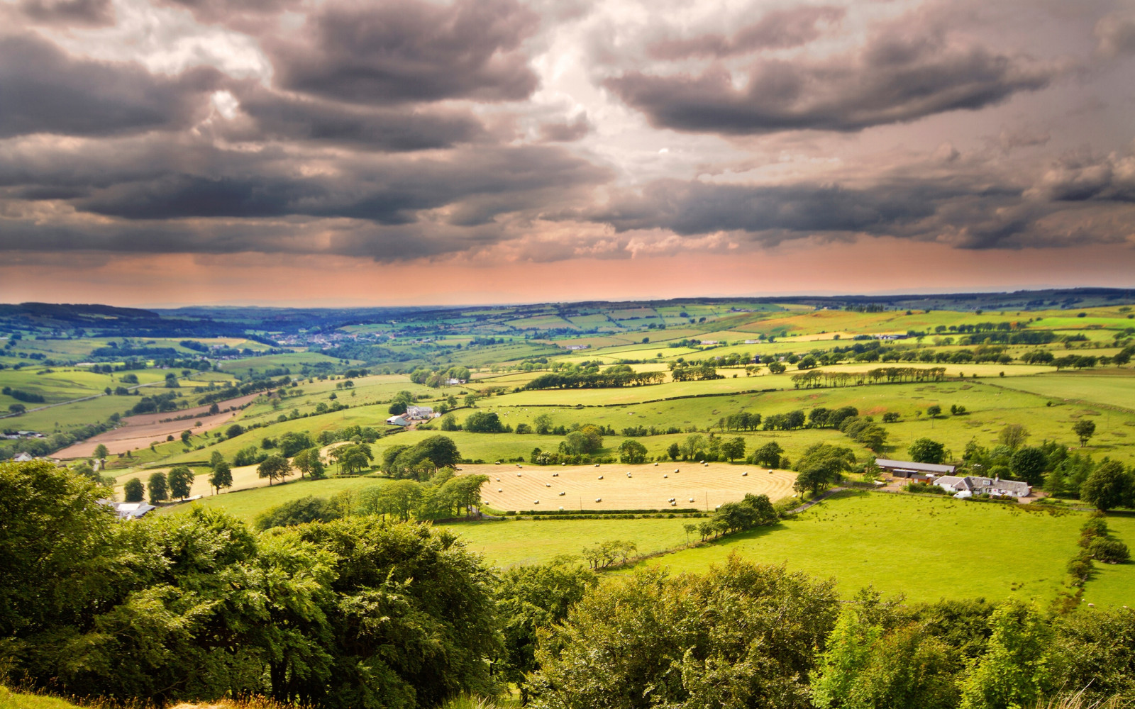mraky, nebe, prostý, domečky, stromy, otevřené prostory, vzdálenost, zakalený, horizont
