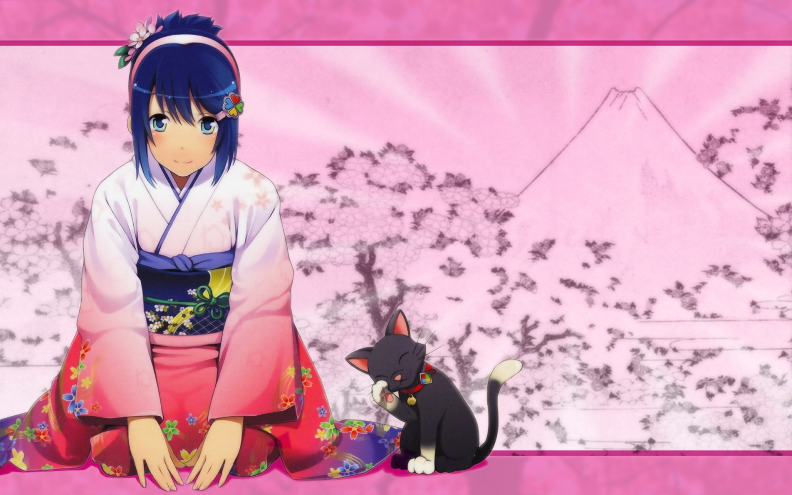 Madobe Nanami, Mädchen, Katze, Malerei, Kimono