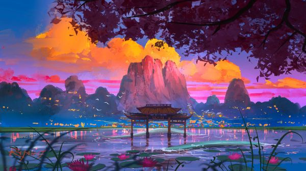 flowers,nature,mountains,lily pads,clouds,torii