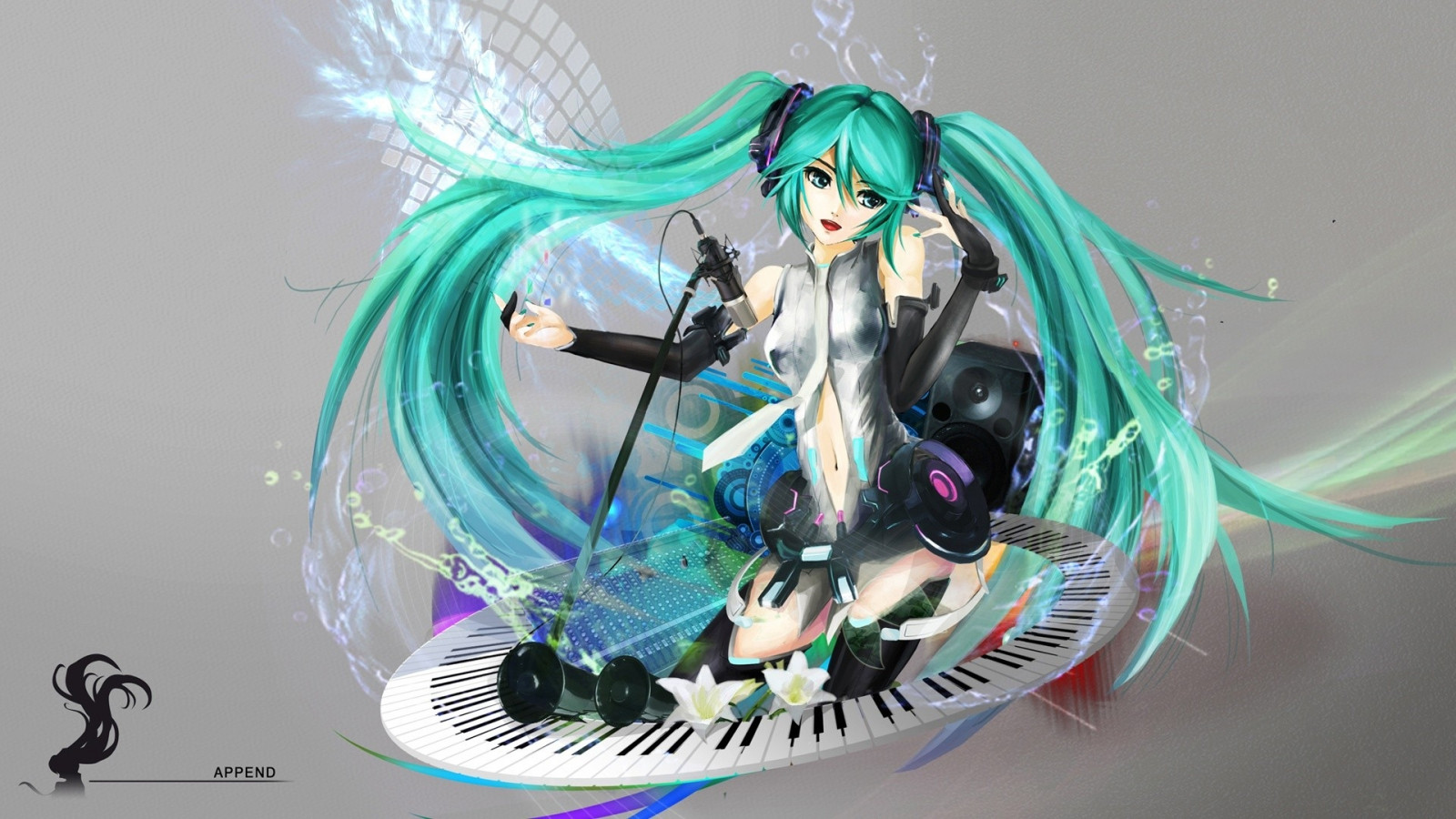 ilustrace, anime, zpěvák, Hatsune Miku, mikrofon, klavír, Hračka, dívka, kostým, akční figurka, sluchátka