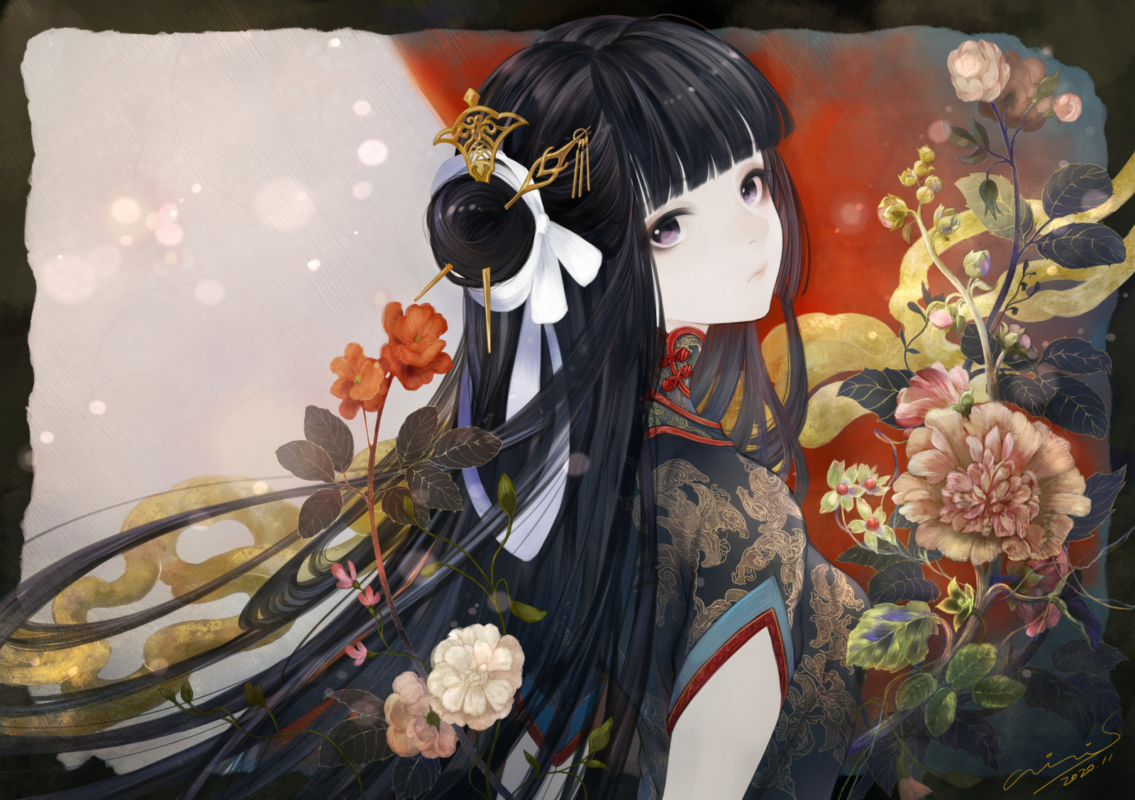 花, 涂料, 厂, 艺术, 绘画, 黑发, visual arts, 插图, ime切, cg artwork, 画画, 水彩画, 花瓣, 图形, 爆炸, 玫瑰, 花艺设计, 和服, 丙烯酸漆, 现代艺术, 平面设计, 艺术家, 壁画