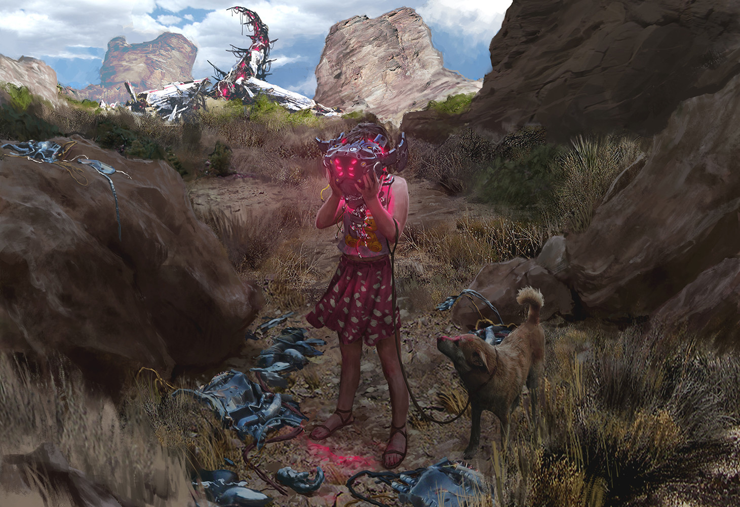 umělecká díla, děti, robot, Pes, hory, sci-fi, apokalyptický, ilustrace, futuristický