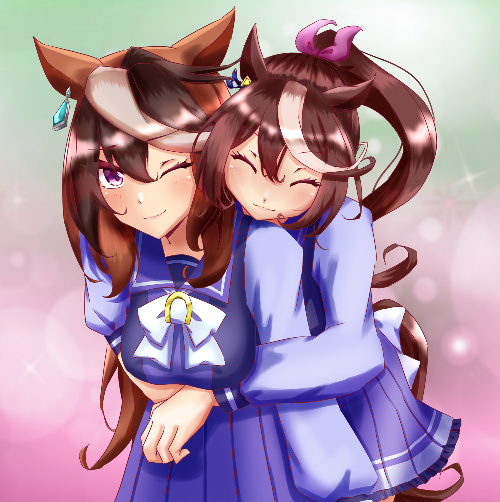 อะนิเมะ, สาวอะนิเมะ, Uma Musume Pretty Derby, horse girls, หูสัตว์, Tokai Teio Uma Musume, Symboli Rudolf Uma Musume, ผมยาว, หางม้า, สีน้ำตาล, งานศิลปะ, ศิลปะดิจิตอล, ศิลปะแฟนซี