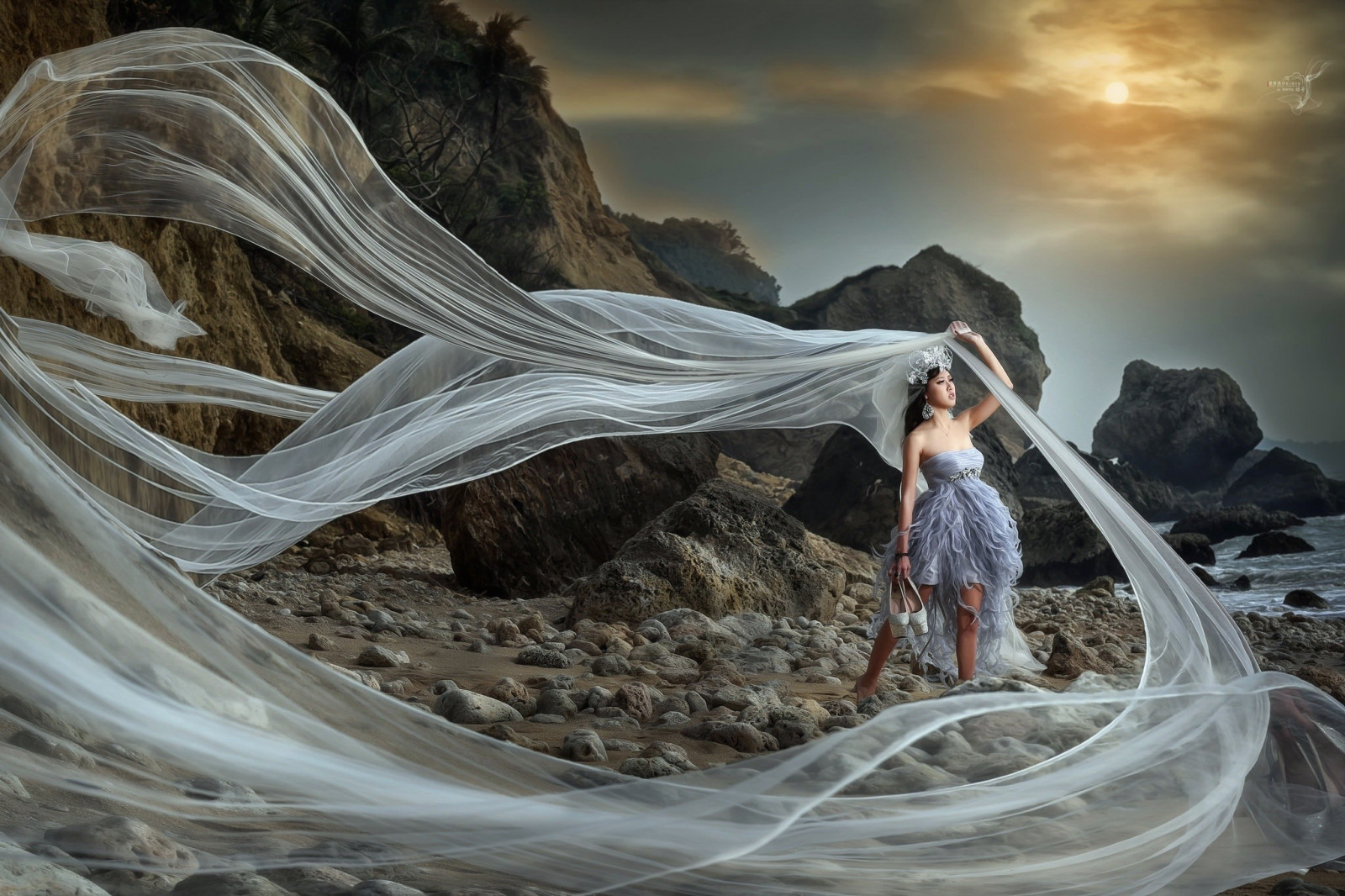 slunečnímu záření, ženy venku, ženy, model, Skála, asijský, šaty, led, mytologie, vlna