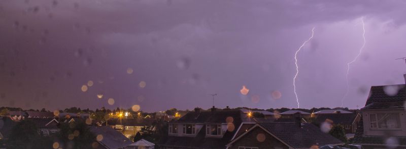 nat, himmel, lyn, vindue, by, regn