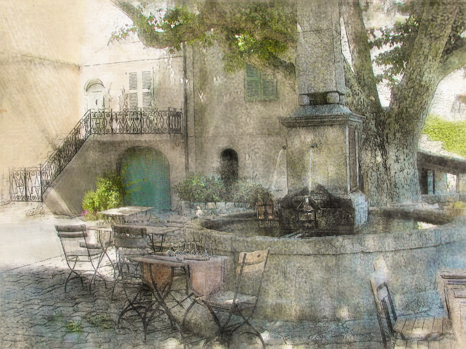 Francie, zřícenina, Provence, světlo, strom, cestovat, impresionismus, photomanipulation, malířské, cotedazur, ipadpainting, ipadsketching, painterlyapp, southoffrance