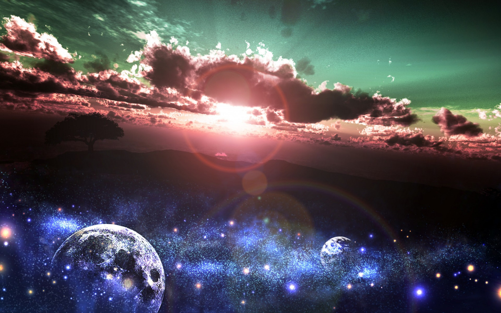 1920x1200 px, KUNST, wolken, Aarde, natuur, planeet, hemel, sterren, Zon, zonsondergang, boom, Yk