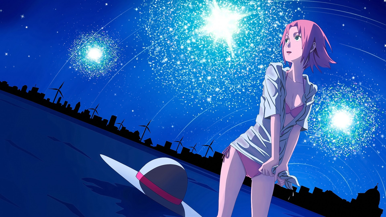 illustration, nat, Kigger væk, anime, Anime piger, blå øjne, kort hår, hat, blå, Naruto Shippuuden, pink hår, Haruno Sakura, bikini, åben skjorte, skærmbillede, computer tapet