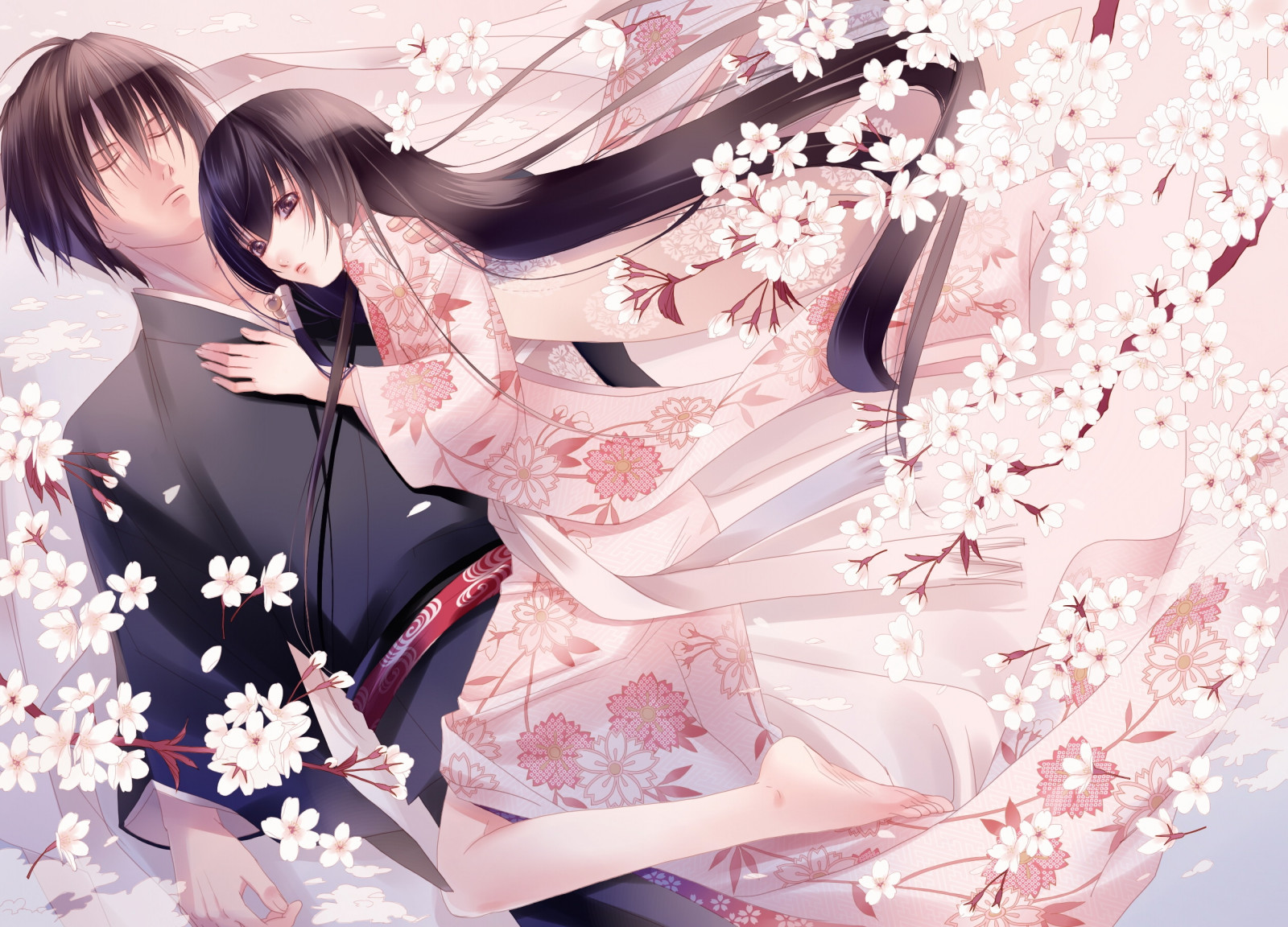 con trai, con gái, ôm, Kimono, Hoa