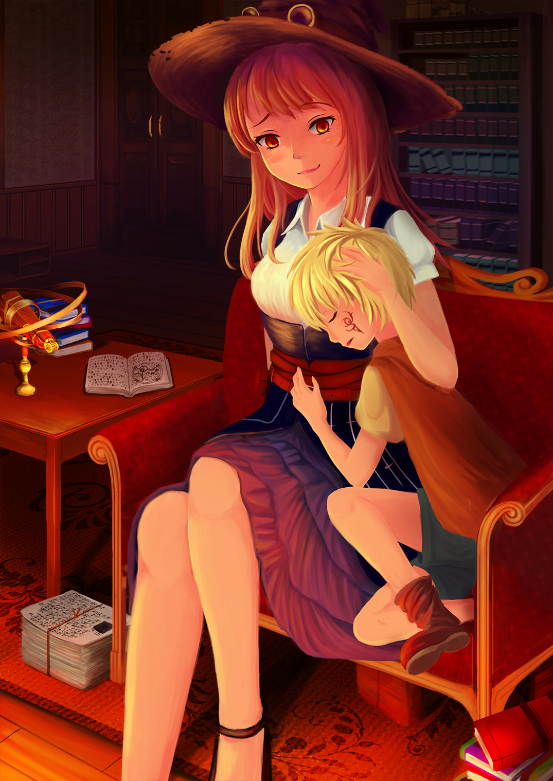 Rothaarige, lange Haare, Anime, Anime Mädchen, Kinder, Beine, Hut, Karikatur, rote Augen, gelbes Haar, Comics, Kleidung, Bildschirmfoto