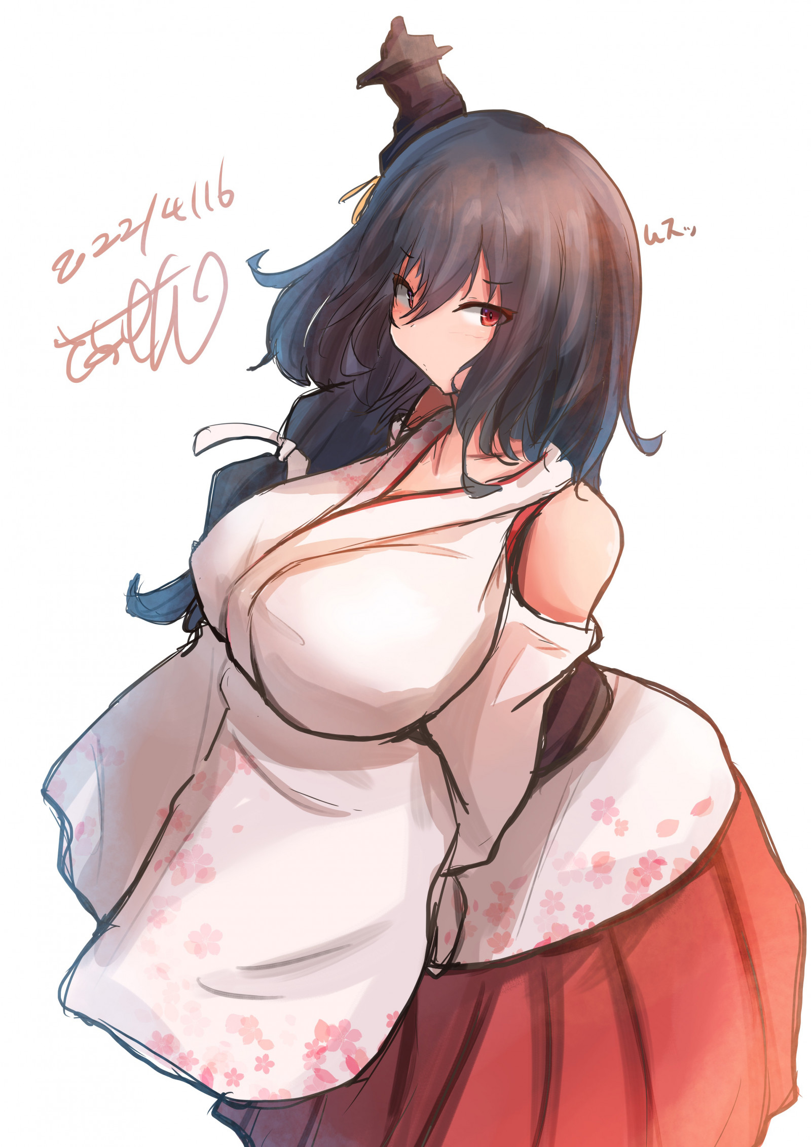 anime, anime dívky, Kantai Collection, Yamashiro KanColle, prsa, velká prsa, japonské oblečení, krátké vlasy, černé vlasy, umělecká díla, digitální umění, fan art