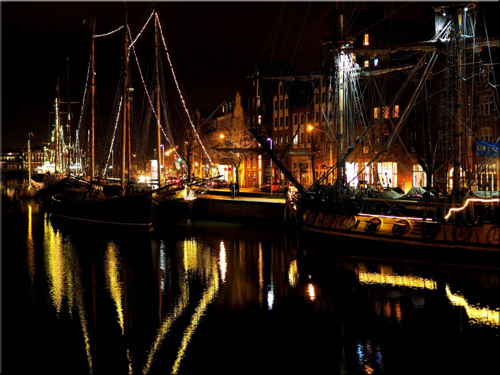 nave, veliero, città, paesaggio urbano, notte, acqua, riflessione, cielo, sera, porto, bacino, L Beck, Olimpo, Marina, oscurità, nightshot, Nachtaufnahme, galeone, veliero, EM10, Museumshafen, Museumharbor