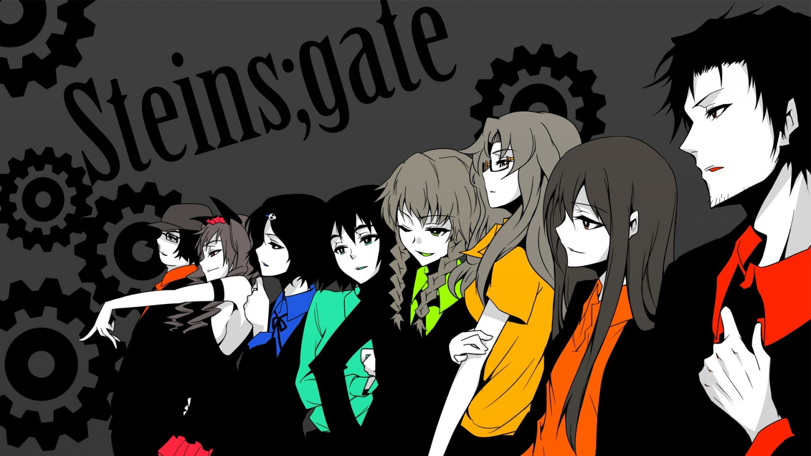 ilustrace, anime, kreslená pohádka, Makise Kurisu, Steins Gate, Okabe Rintarou, Shiina Mayuri, Hashida Itaru, Kiryuu Moeka, Urushibarův Ruka, Faris Nyannyan, Amane Suzuha, font