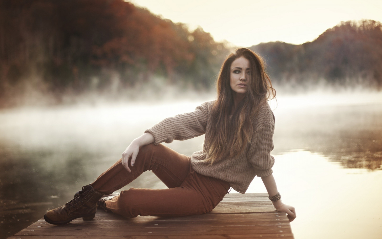 fille, rivière, brouillard, style, maquette, séance photo