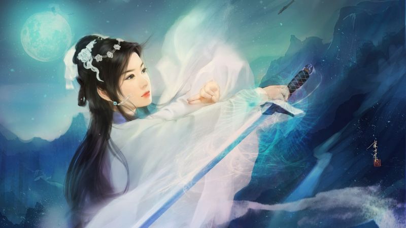 ilustrace, anime, asijský, Pod vodou, meč, bojovník ilustrace, anime, asijský, Pod vodou, meč, bojovník