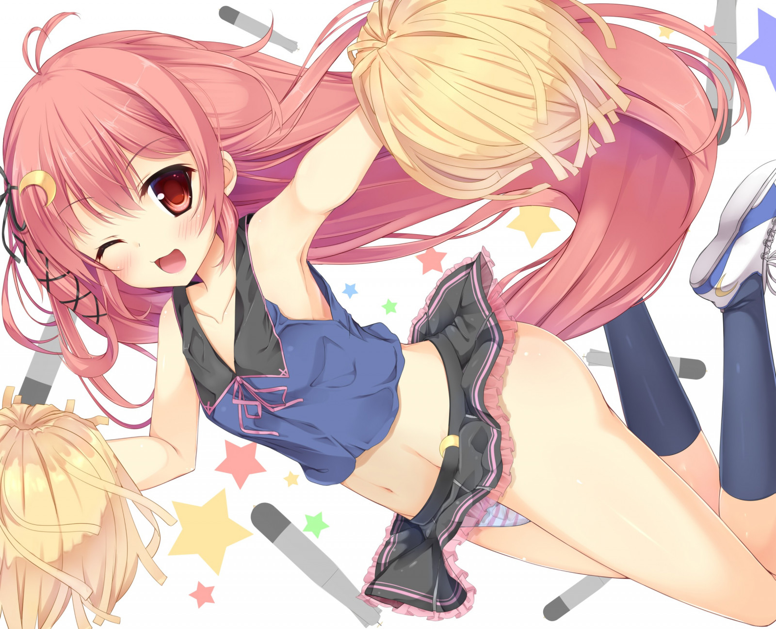 ilustrace, ryšavý, dlouhé vlasy, anime, anime dívky, skákání, umělecká díla, šaty, kreslená pohádka, podkolenky, výstřih, boty, Mini sukně, zvedání sukně, mangaka