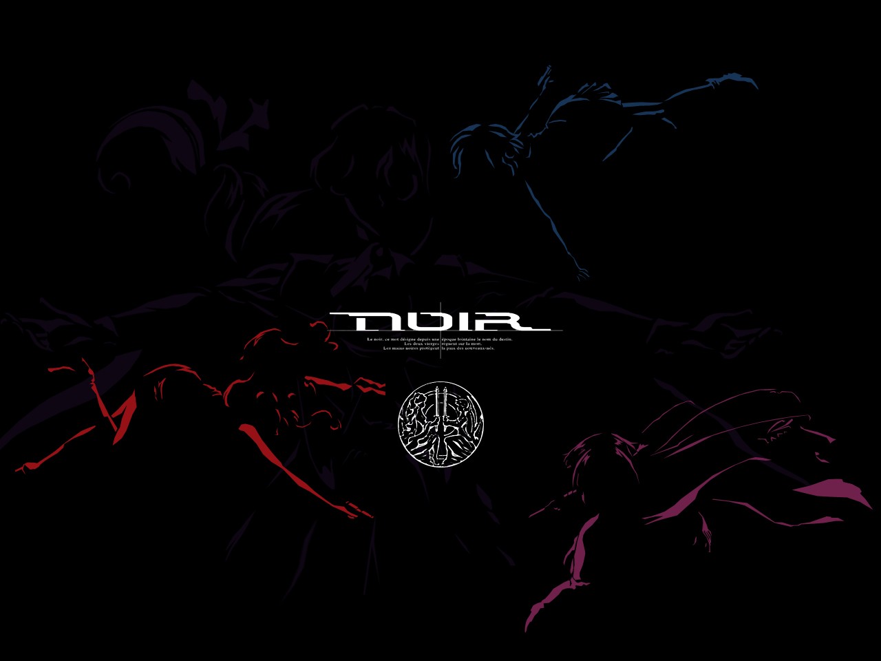 ilustrace, text, půlnoc, Noir anime, reliéfy, Yuumura Kirika, Mireille Bouquet, Altena, Chloe noir, tma, Snímek obrazovky, počítač tapeta, font