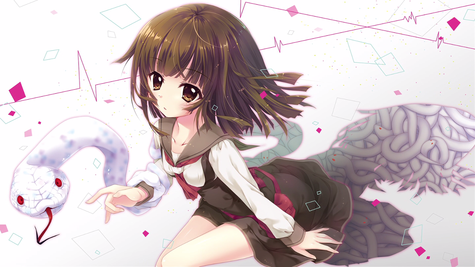 illustrazione, Monogatari, anime, anime girls, serpente, cartone animato, capelli neri, Sengoku Nadeko, rosa, mangaka