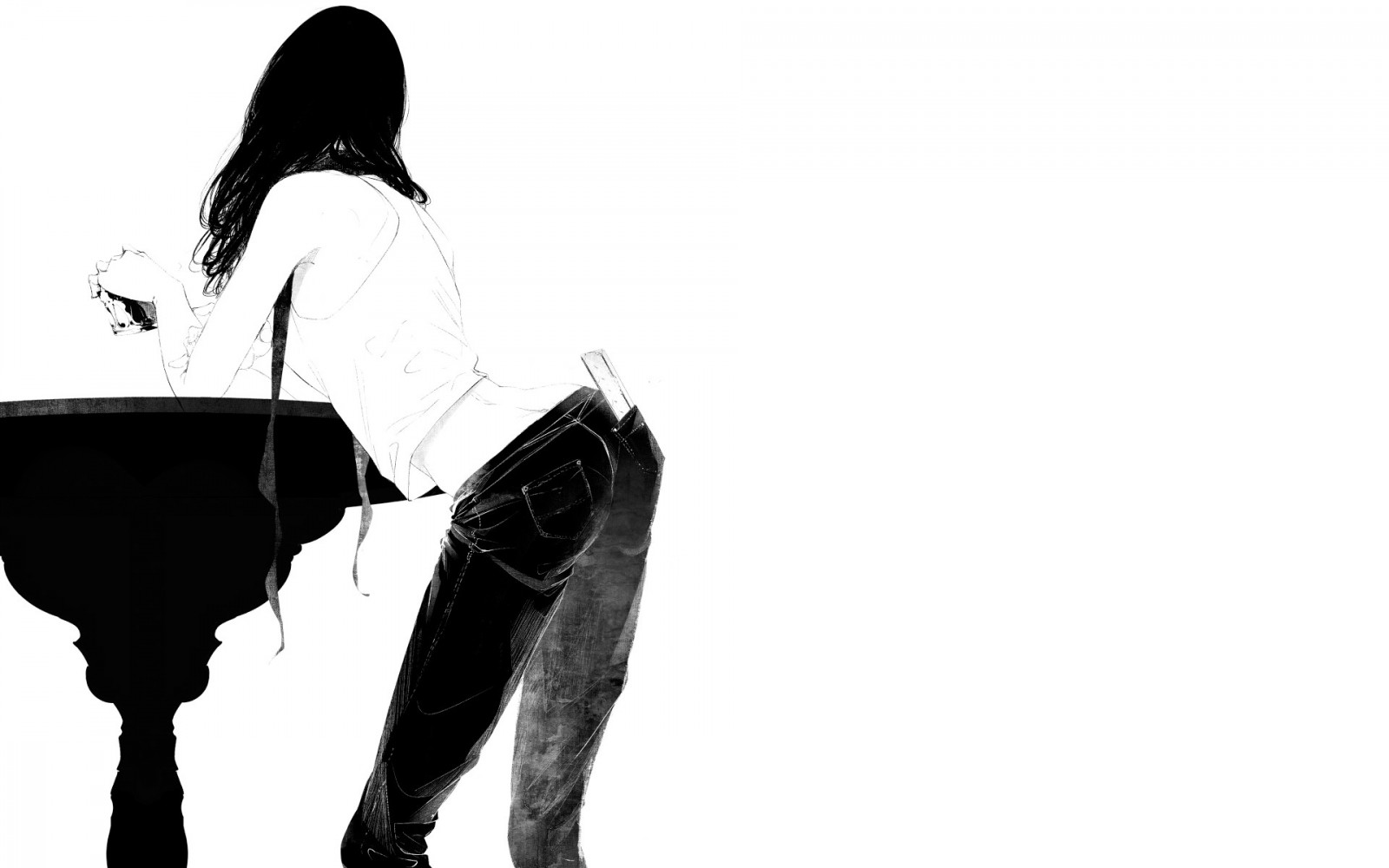 ženy, černobílý, jednoduché pozadí, sedící, umělecká díla, silueta, stůl, bílé pozadí, nápojová sklenice, ruka, prst, paže, obuv, Černý a bílý, monochromatické fotografování, lidských pozice