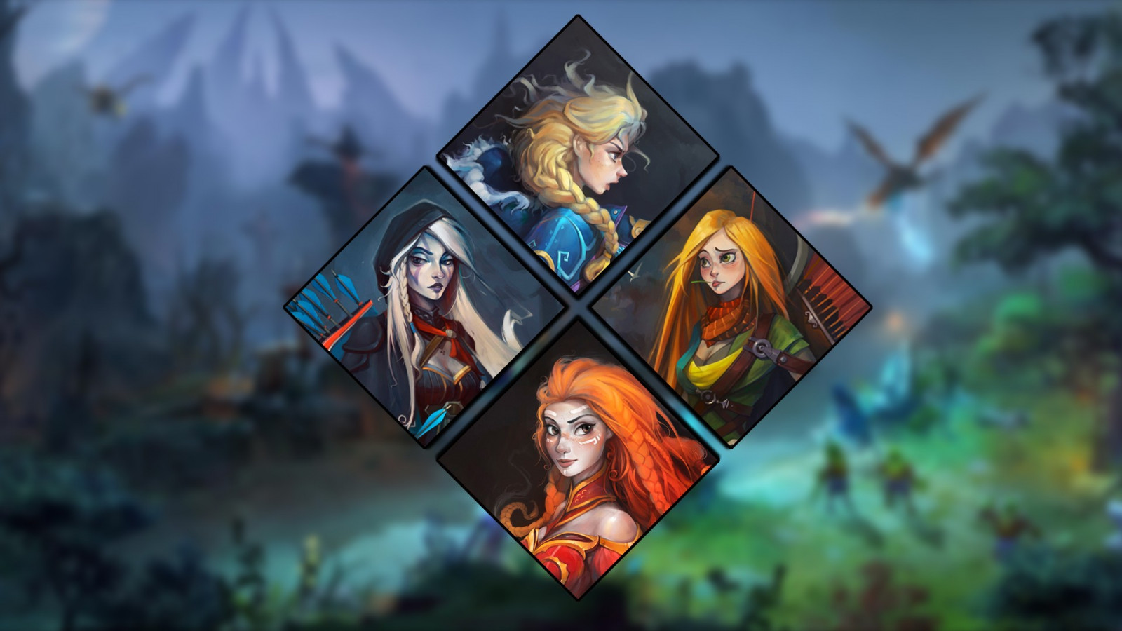 Dota 2, drow Ranger, Lina, Rylai, Windranger, hry, Snímek obrazovky, počítač tapeta