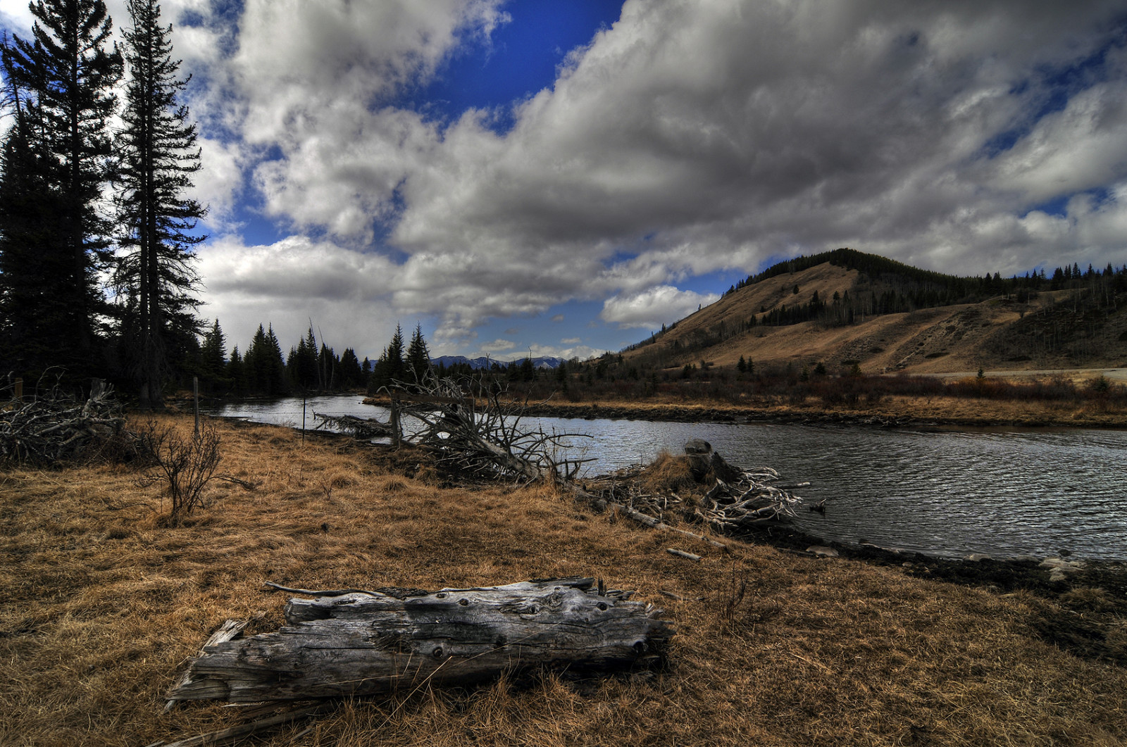 Wallpaper landscape, sky, clouds, mountain, water, rockies, log, pond, spring, Nikon, d300s